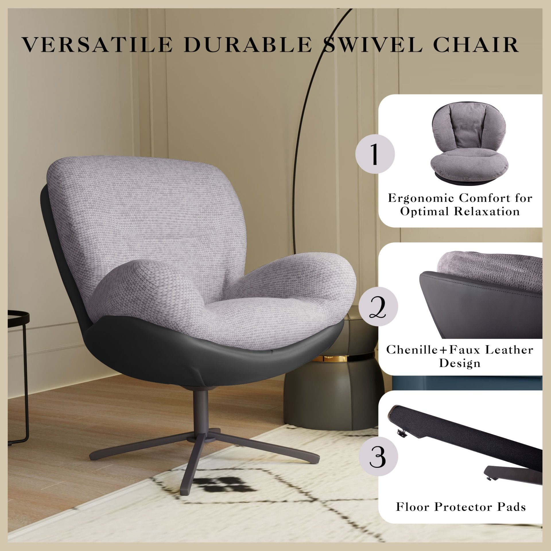 360° Swivel Office Chair, Modern Chenille Chair With And Metal Base Frame, No Wheels, Accent Chair - Gray - Image 8