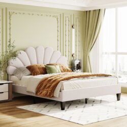 Queen Size Upholstered Platform Bed With Flower Pattern Headboard - Beige