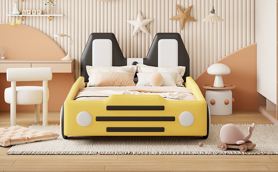 Twin Size Race Car Shaped Platform Bed With Wheels - Yellow - Image 12