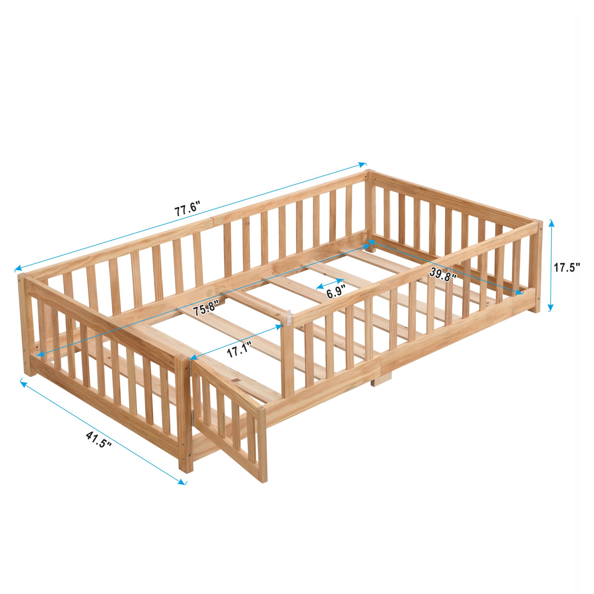 Twin Size Floor Bed With Door And Safety Fence For Children - Natural - Image 3