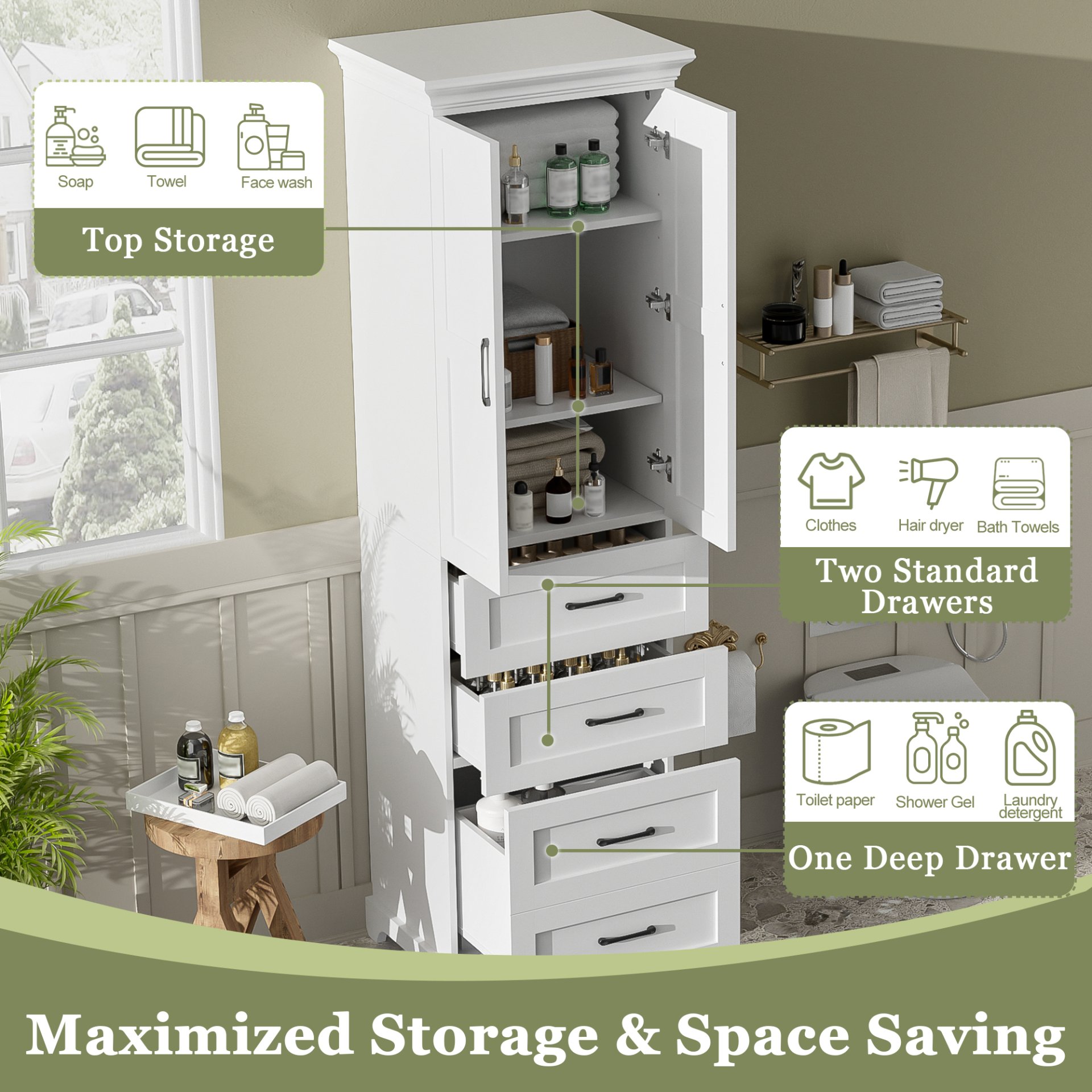 Bathroom Vanity With 2 Damping Hinge Doors, 3 Drawers, Adjustable Shelves - White - Image 7