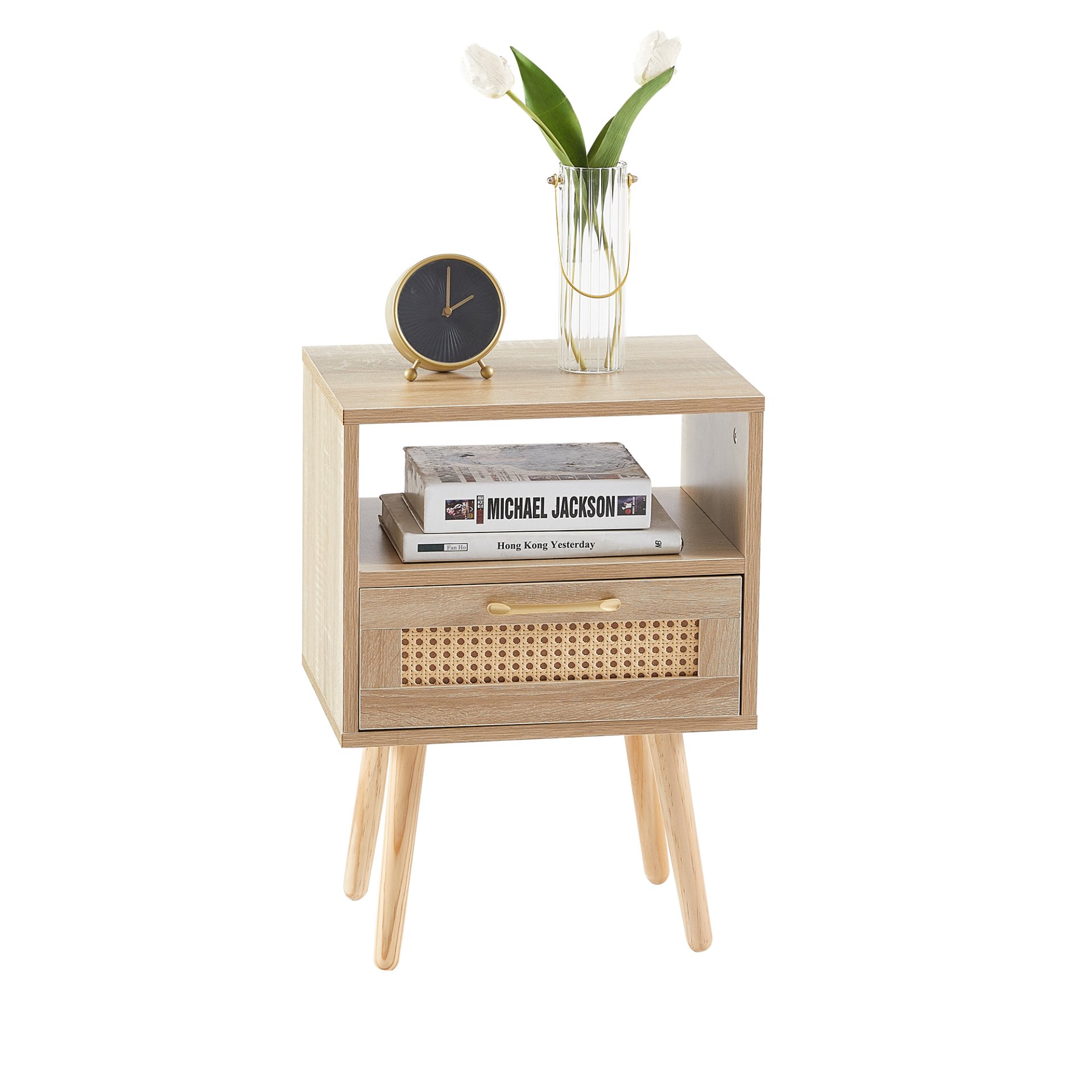 15.75" Rattan End Table With Drawer And Solid Wood Legs, Modern Nightstand, Side Table For Living Room, Bedroom - Natural - Image 6
