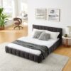 Modern Upholstered Queen Size Bed Frame With Storage Drawer - Dark Gray - Image 4