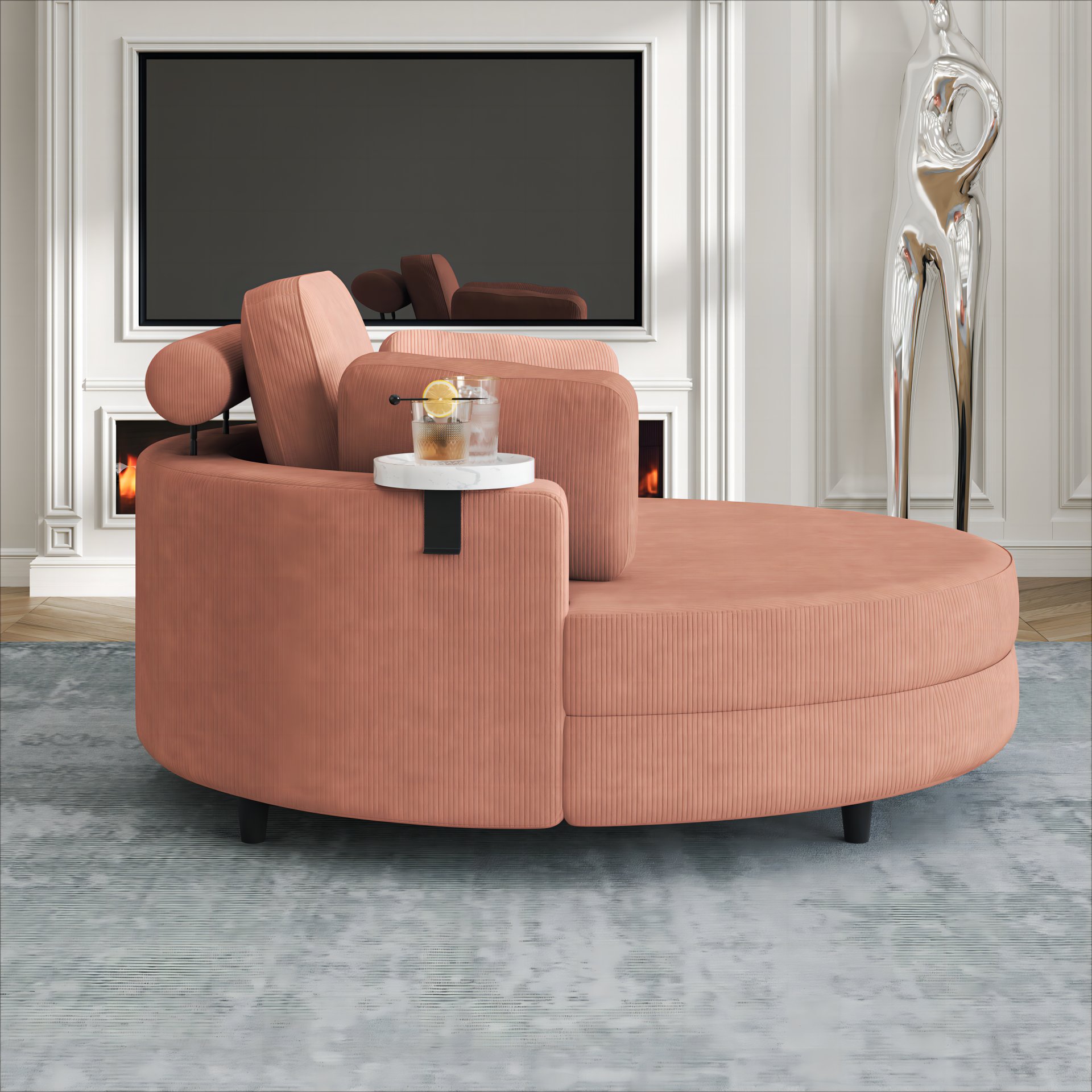 Corduroy Sofa With Two Throw Pillows, A Waist Pillow And An Extra Tray Is Comfortable For A Small Apartment Bedroom - Orange - Image 4