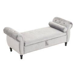 Velvet Multifunctional Storage Rectangular Ottoman Bench With Pillow - Gray
