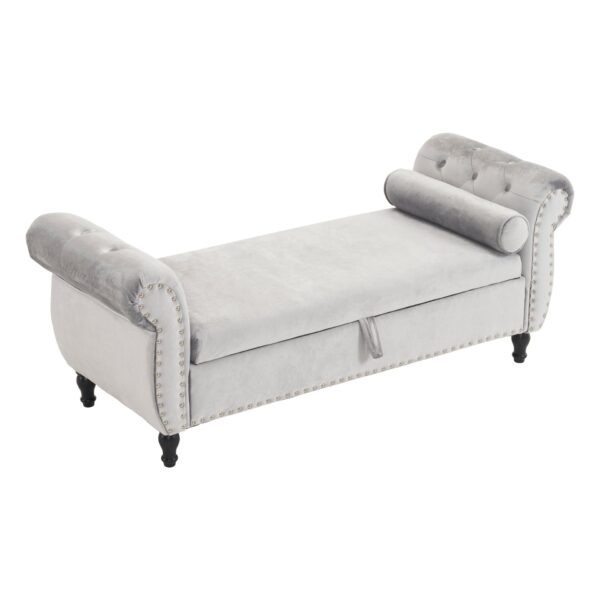 Velvet Multifunctional Storage Rectangular Ottoman Bench With Pillow - Gray