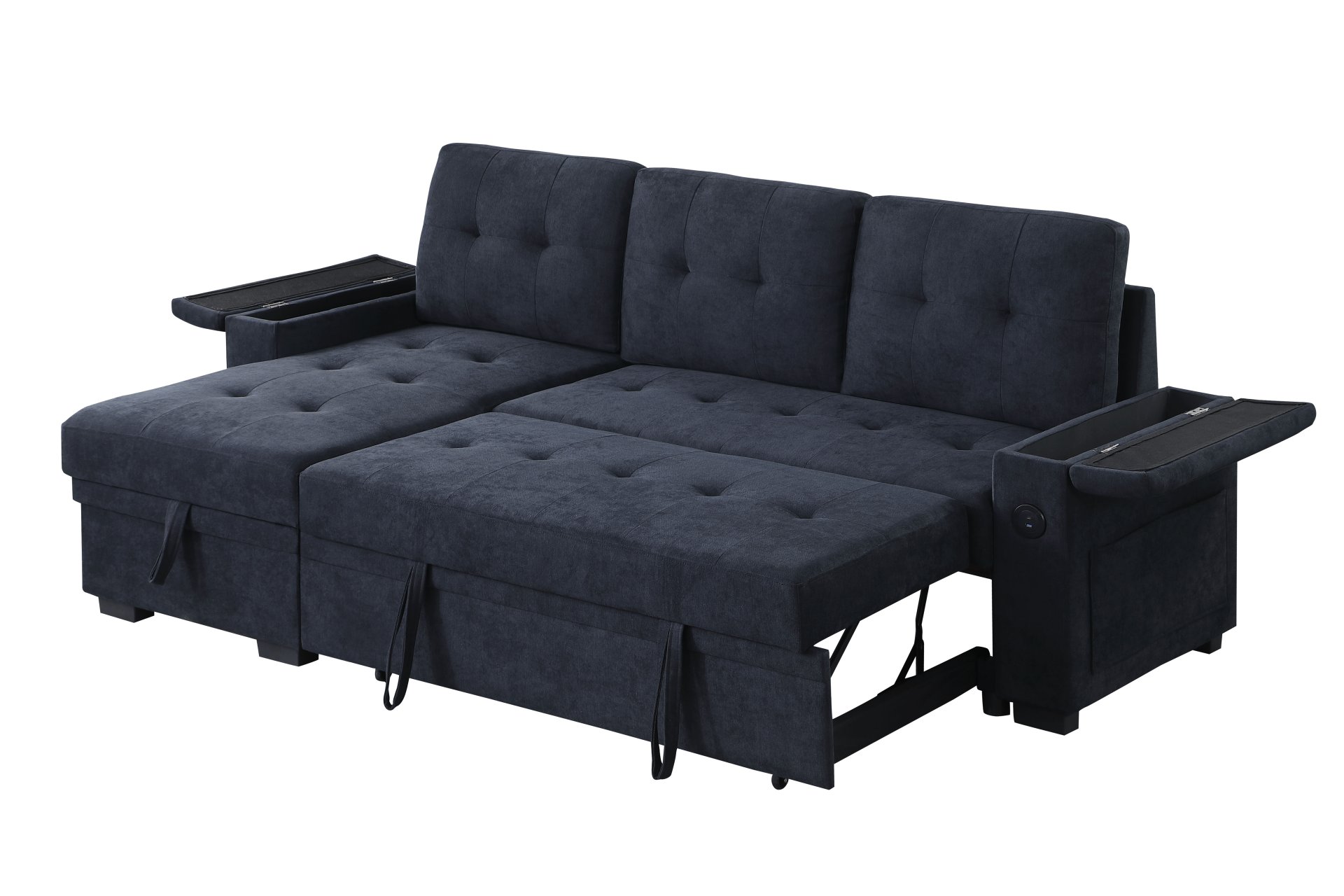 Ashlyn II - Woven Fabric Reversible Sleeper Sectional Sofa With Storage Chaise, Storage Arm, Cup Holder, Charging Ports, Side Pockets, and Pocket Coil Seating - Dark Gray - Image 6