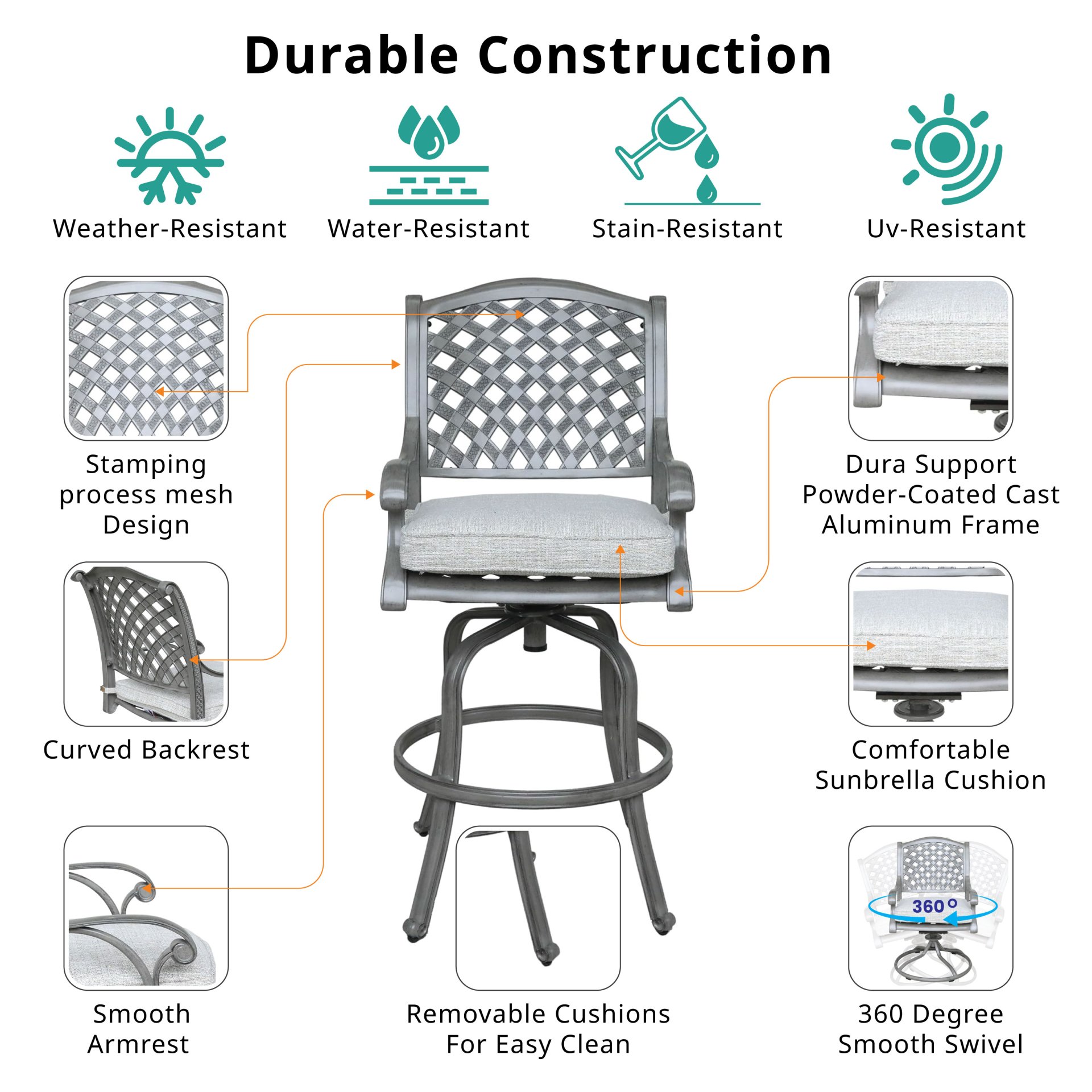 Outdoor Aluminum Swivel Barstools With Cushions (Set of 2) - Golden Gauze - Image 7