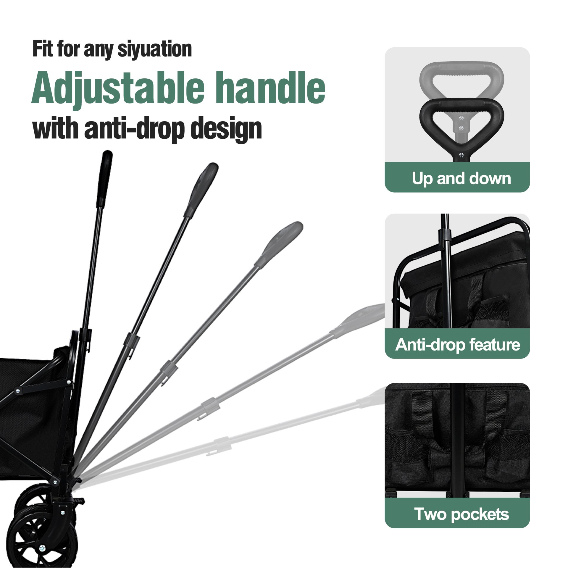 100L Collapsible Folding Beach Wagon Cart With 220Lbs Large Capacity, Wagons Carts Heavy Duty Foldable With Big Wheels For Sand, Garden, Camping - Black - Image 6