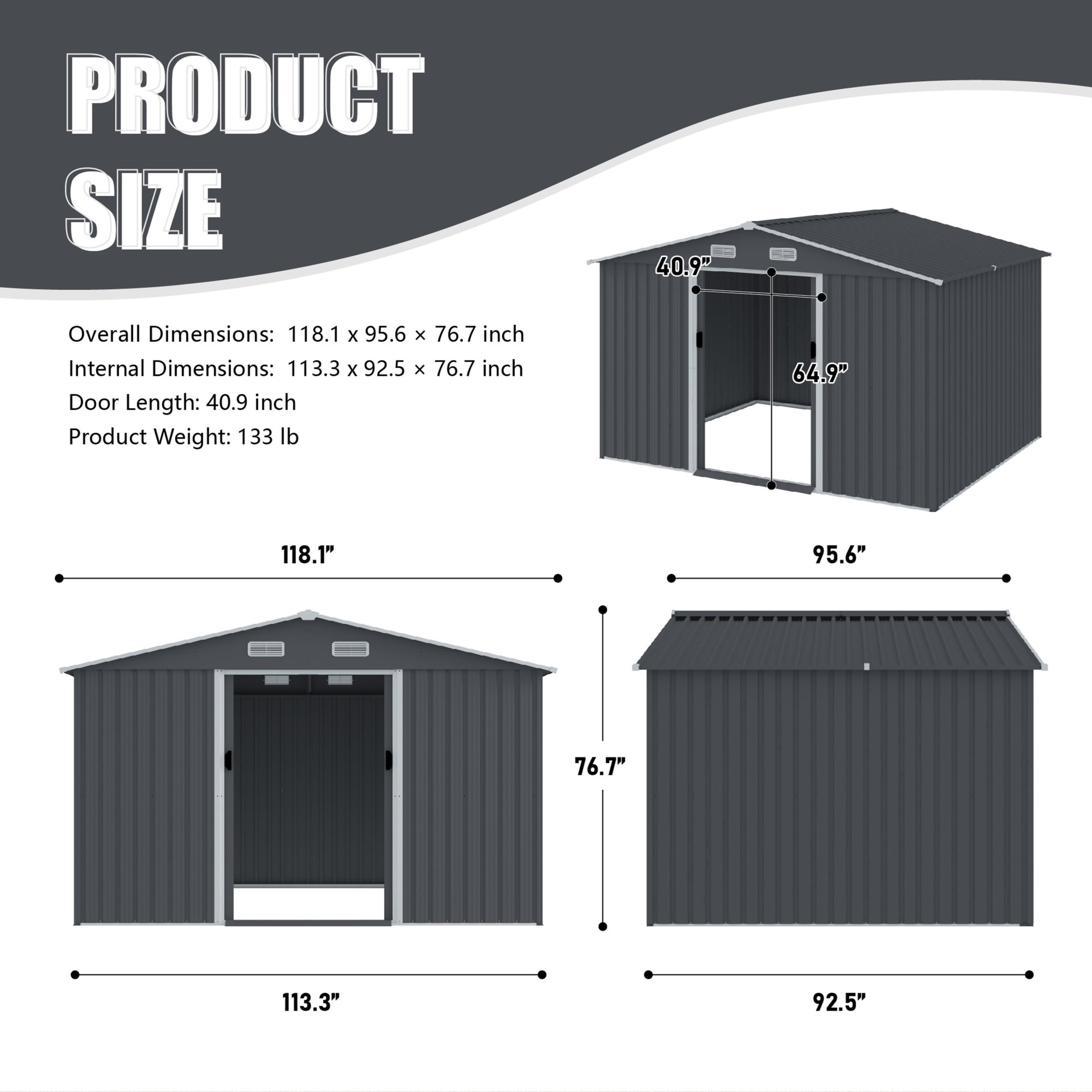 Large Metal Outdoor Storage Shed 8 0 Ft With Sliding Doors And Air Vent Steel Construction - Gray - Image 3