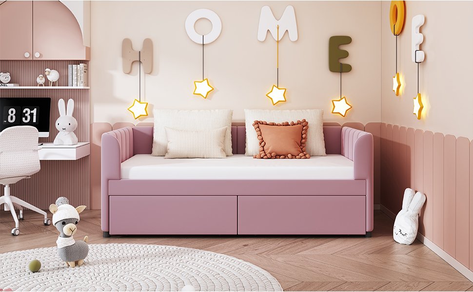 Twin Size Upholstered Daybed With Ergonomic Design Backrest And 2 Drawers - Pink - Image 13