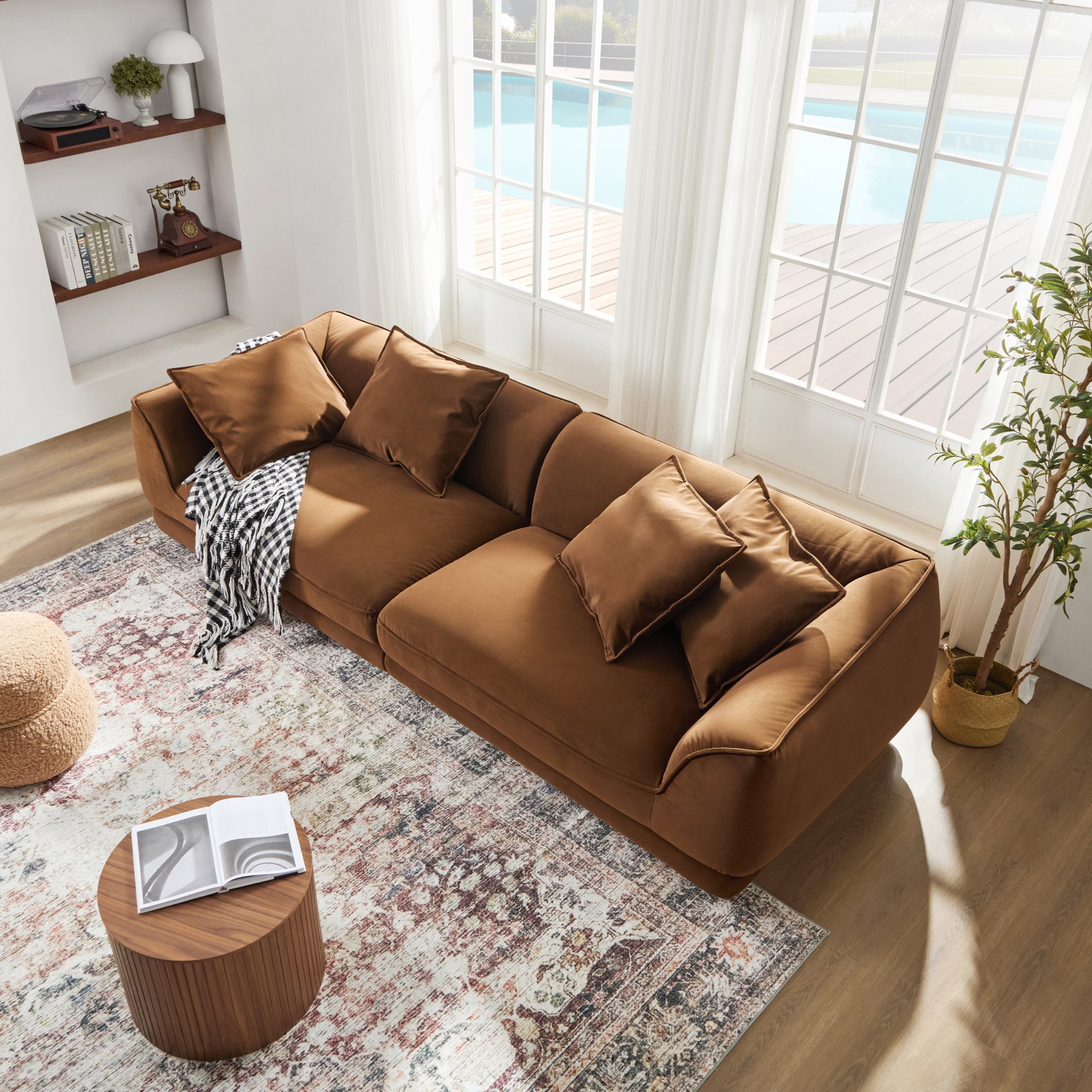 Nordic Modern Sofa With Detachable Pillowcase, French Velvet Fabric, Solid Wood Frame, High Density Sponge Filling - Camel - Image 7