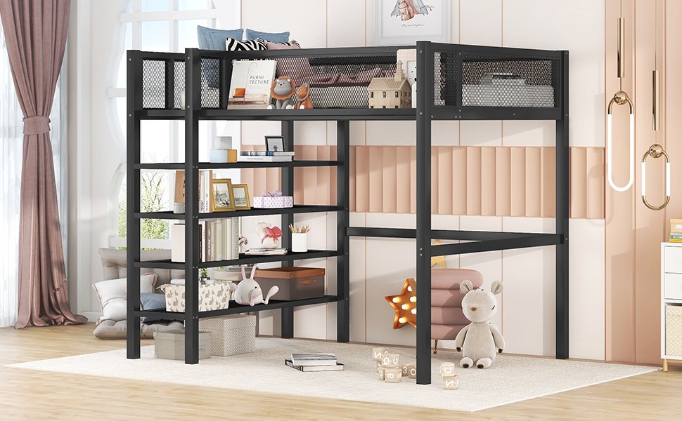 Twin Size Loft Bed With 4 Tier Shelves And Storage - Black - Image 12