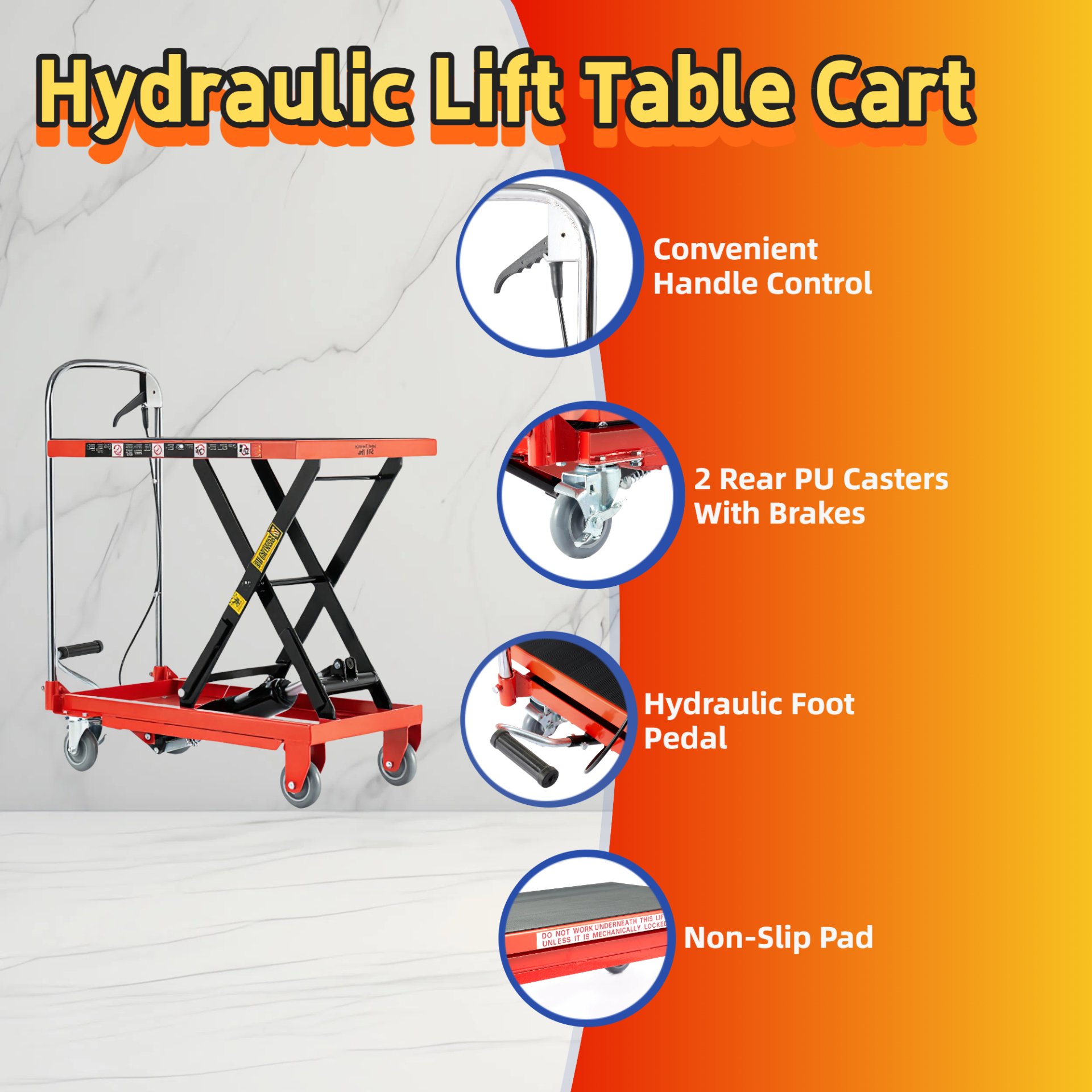 Hydraulic Lift Table Cart 500Lbs Load Red Single Scissor Lift With Non Slip Pads And Wheels - Red / Black - Image 5