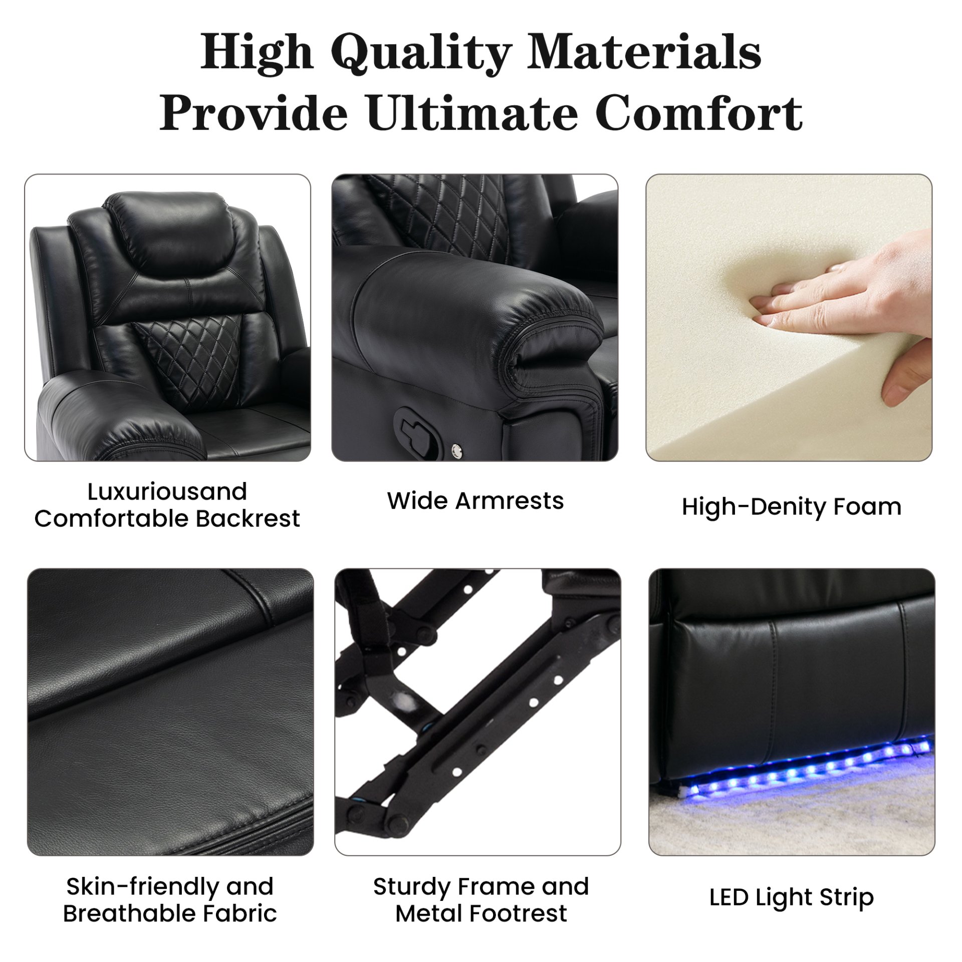 3 Pieces Recliner Sofa Sets Home Theater Seating Manual Recliner Chair With Center Console And Led Light Strip For Living Room - Black - Image 7