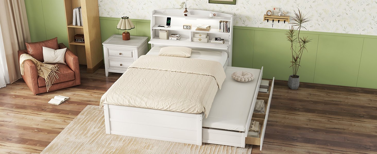 Full Size LED Platform Bed With Trundle With Storage Headboard With Drawers - White - Image 16