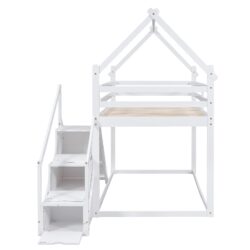 Twin Over Twin House Loft Or Bunk Bed With Slide And Staircase - White