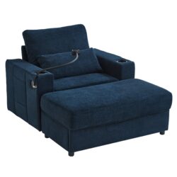 Modern Style Armchair Chaise Lounge Sofa Couch With Movable Storage Ottoman, USB Ports, Cup Holders, Phone Holder, Side Pockets - Blue