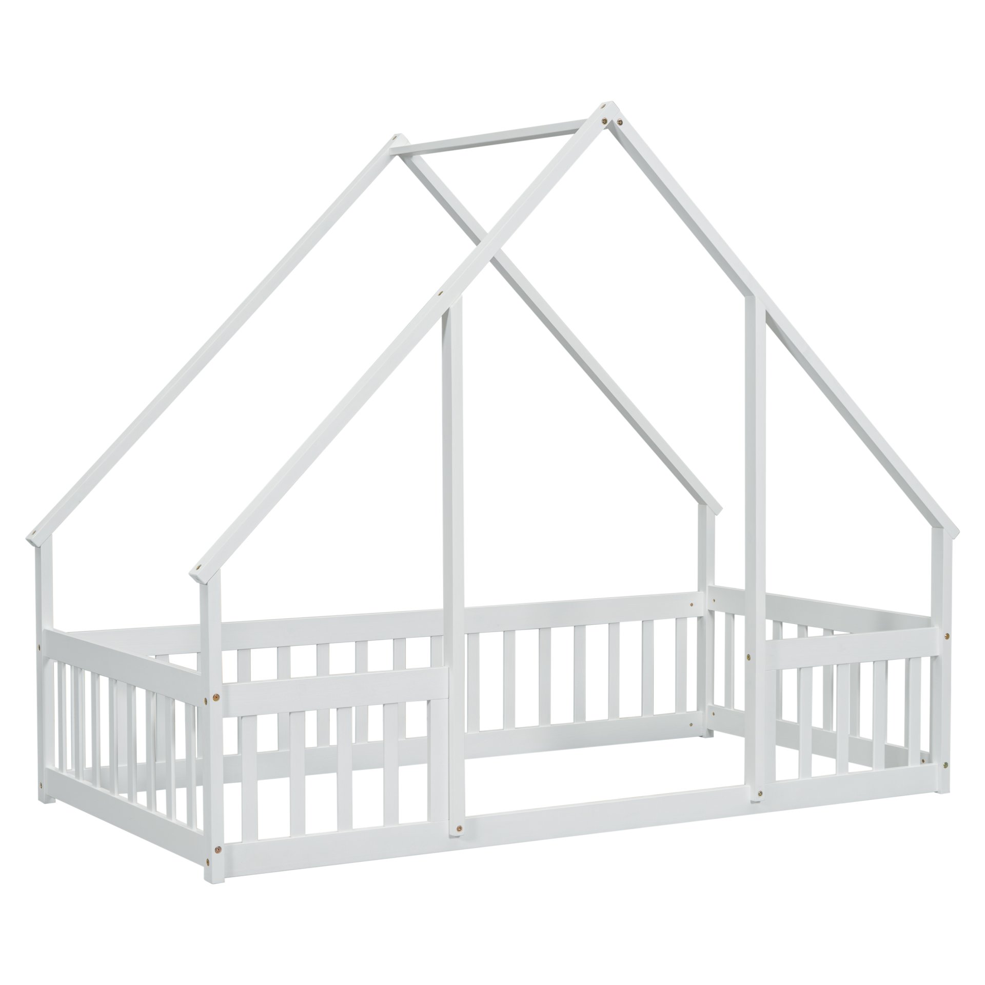 Twin Wood House-Shaped Floor Bed With Fence, Guardrails - White - Image 18