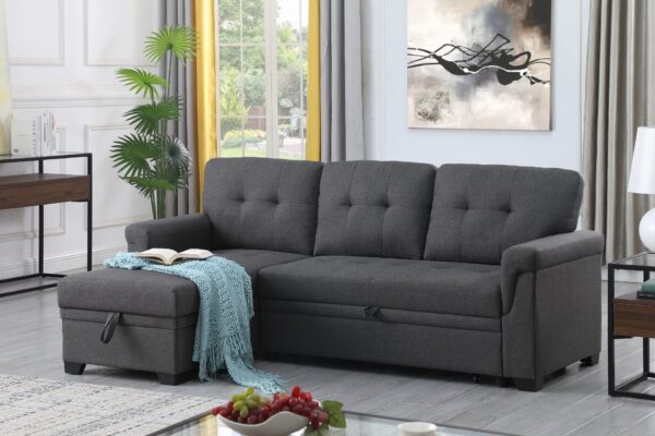 Lucca - Linen Reversible Sleeper Sectional Sofa With Storage Chaise - Dark Gray