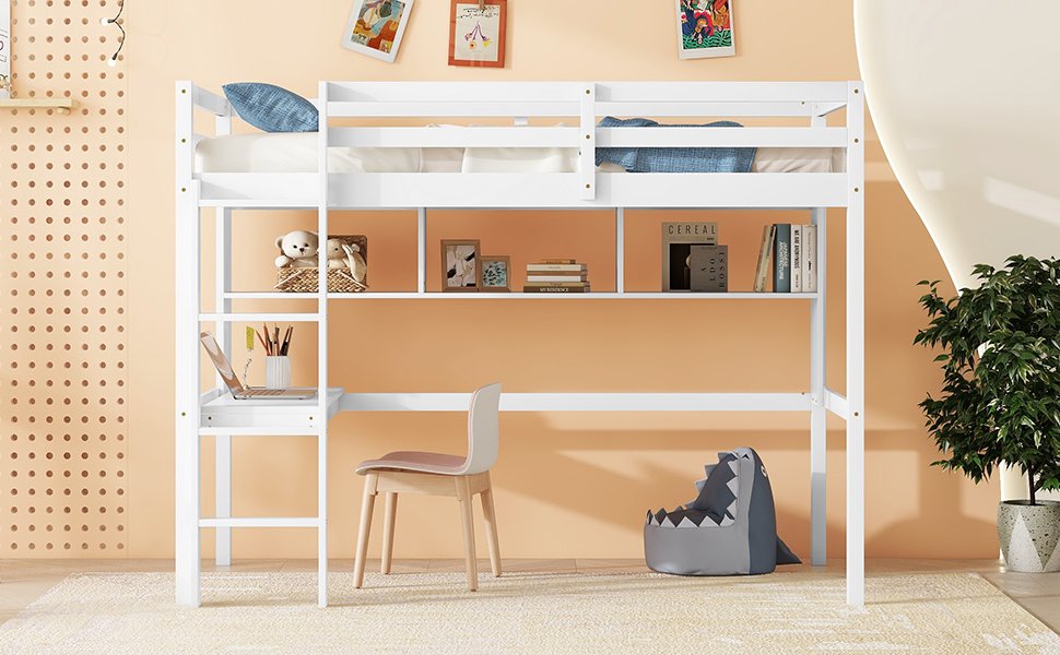 Twin Size Loft Bed With Desk And Shelves, Safety Guardrail And Ladder - White - Image 9