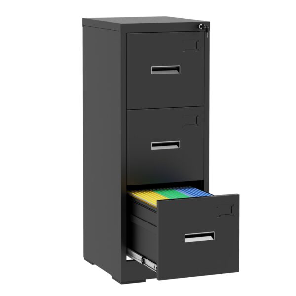 Metal Vertical File Cabinet With Lock And Card Slot For A4 Legal / Letter Size, Durable Steel - Black