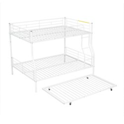 Full Long Over Queen Metal Bunk Bed With Trundle - White