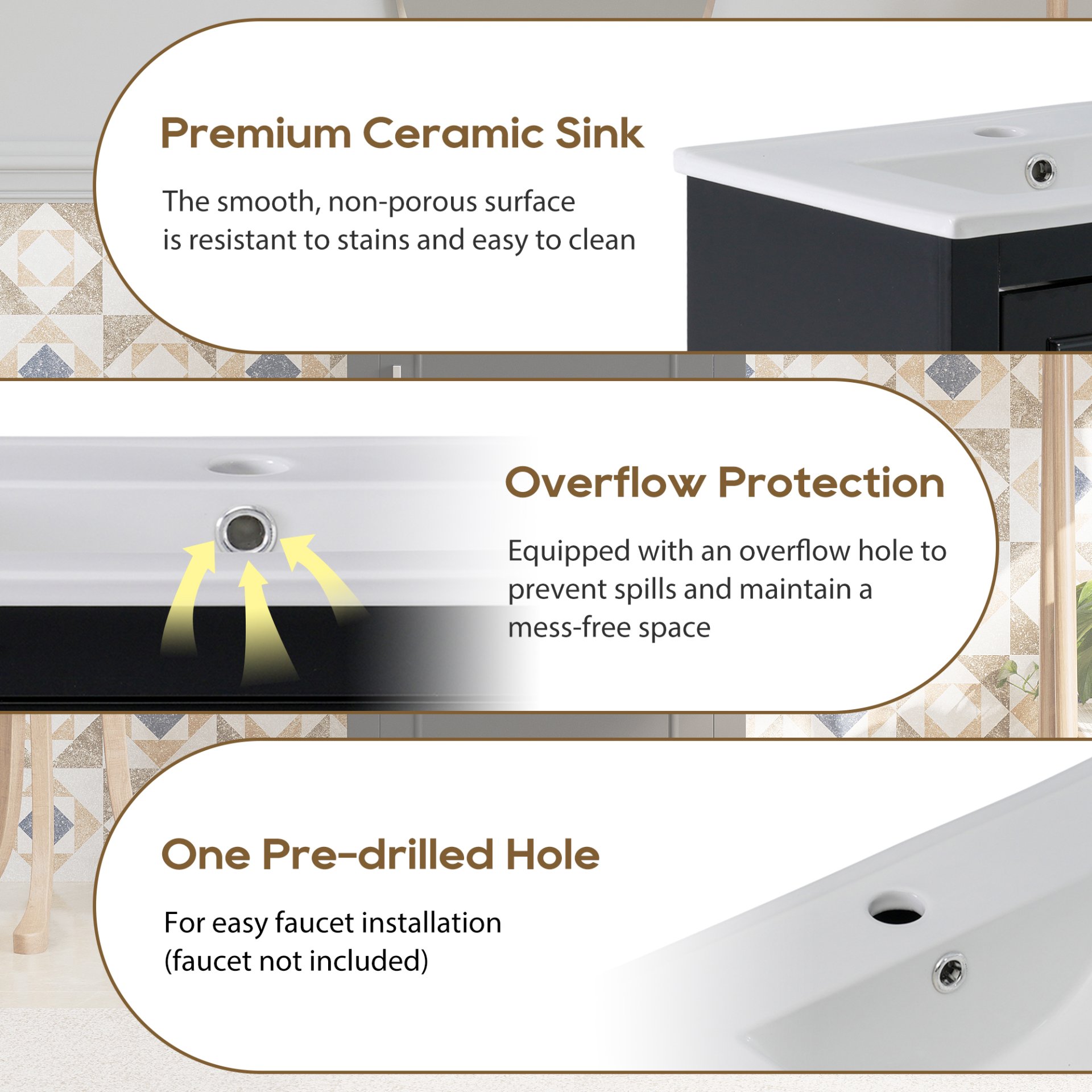 Modern Small Bathroom Vanity Cabinet With Ceramic Basin, Ample Storage, 1 Soft Close Door - Black - Image 8