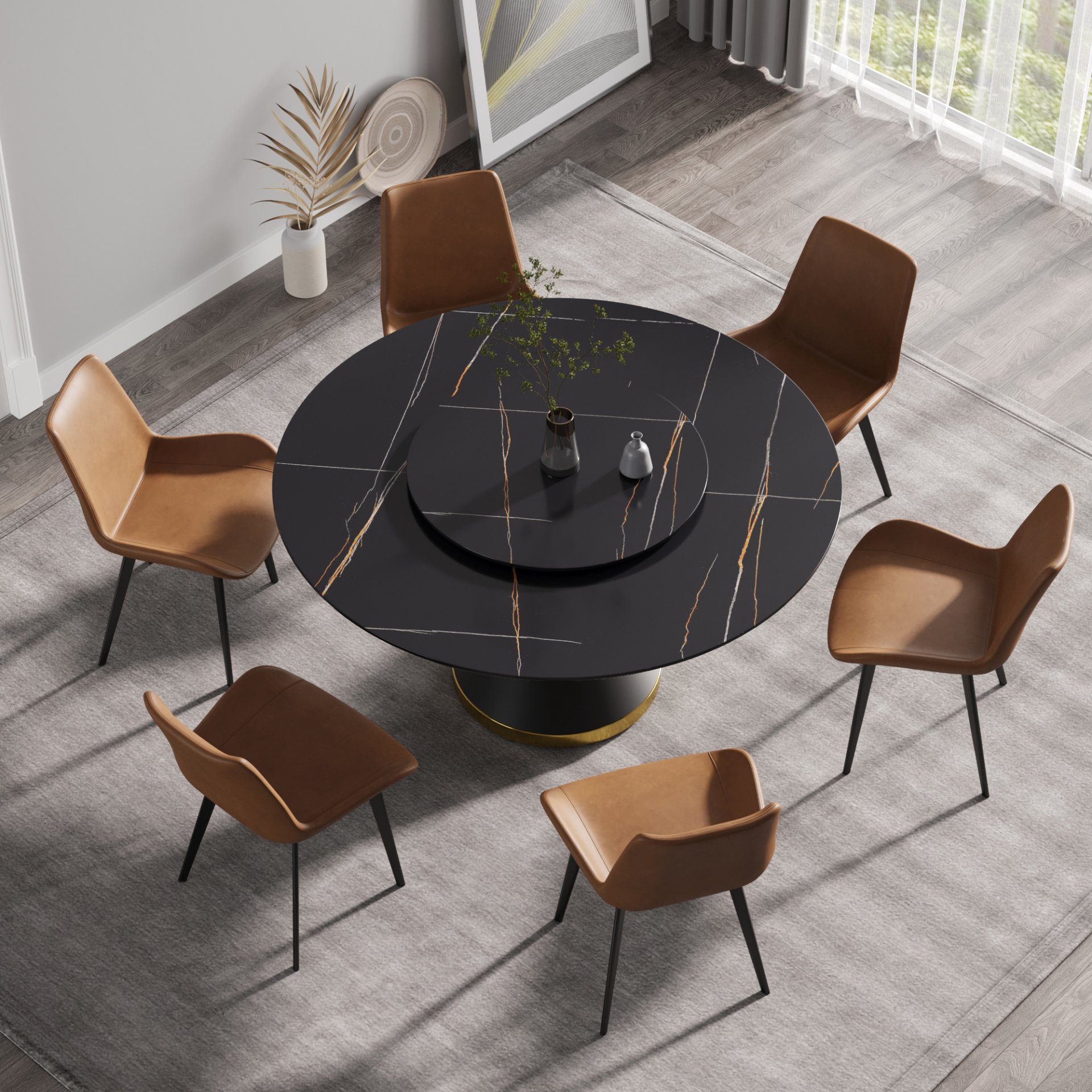 Modern Artificial Stone Round Carbon Steel Base Dining Table, Can Accommodate 6 People Artificial Stone Turntable - Black - Image 4