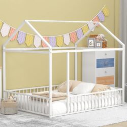 Full Size Bed House Bed Frame With Fence - White