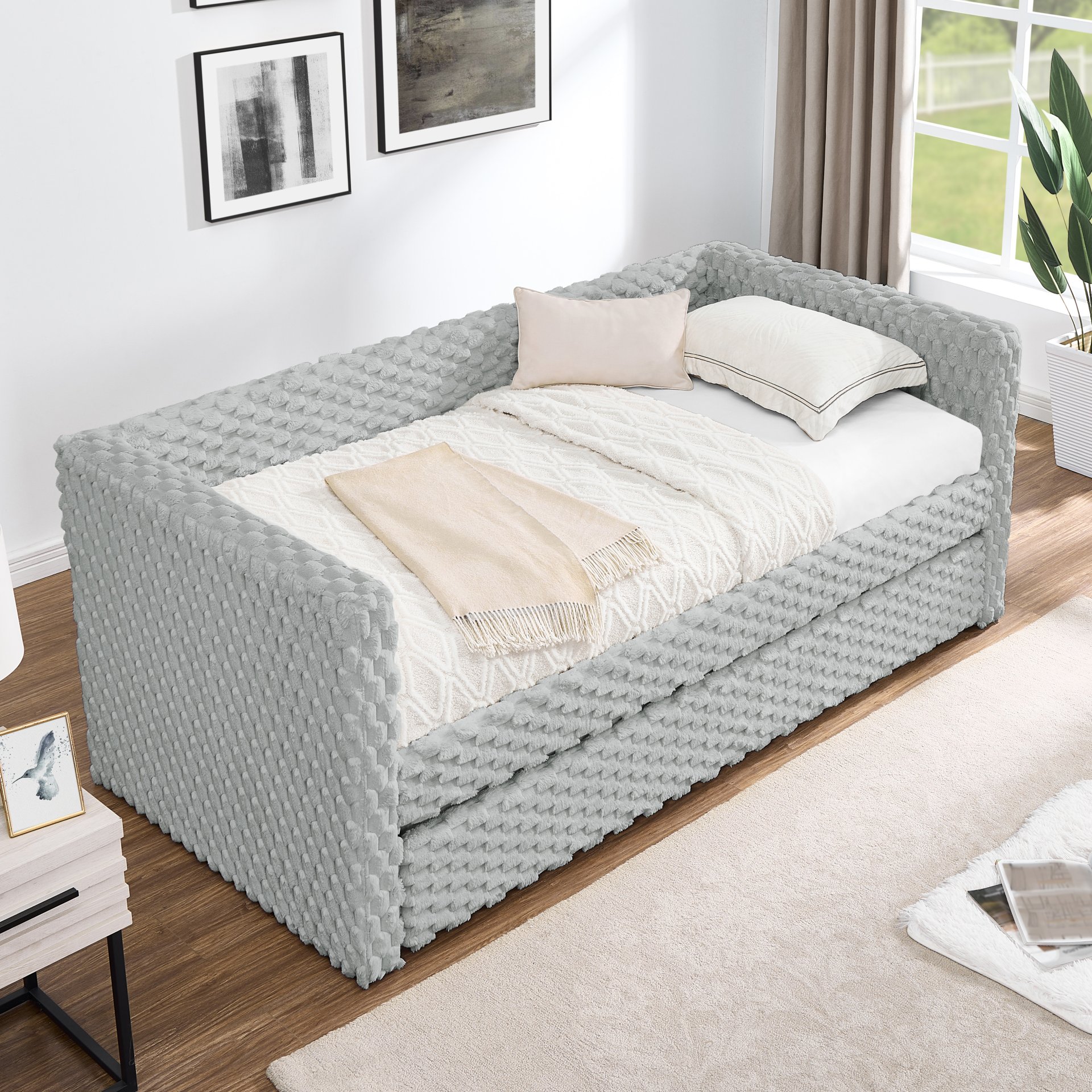 Modern Twin Size Daybed Upholstered Sofa Bed With Pull Out Feature - Dark Gray - Image 2
