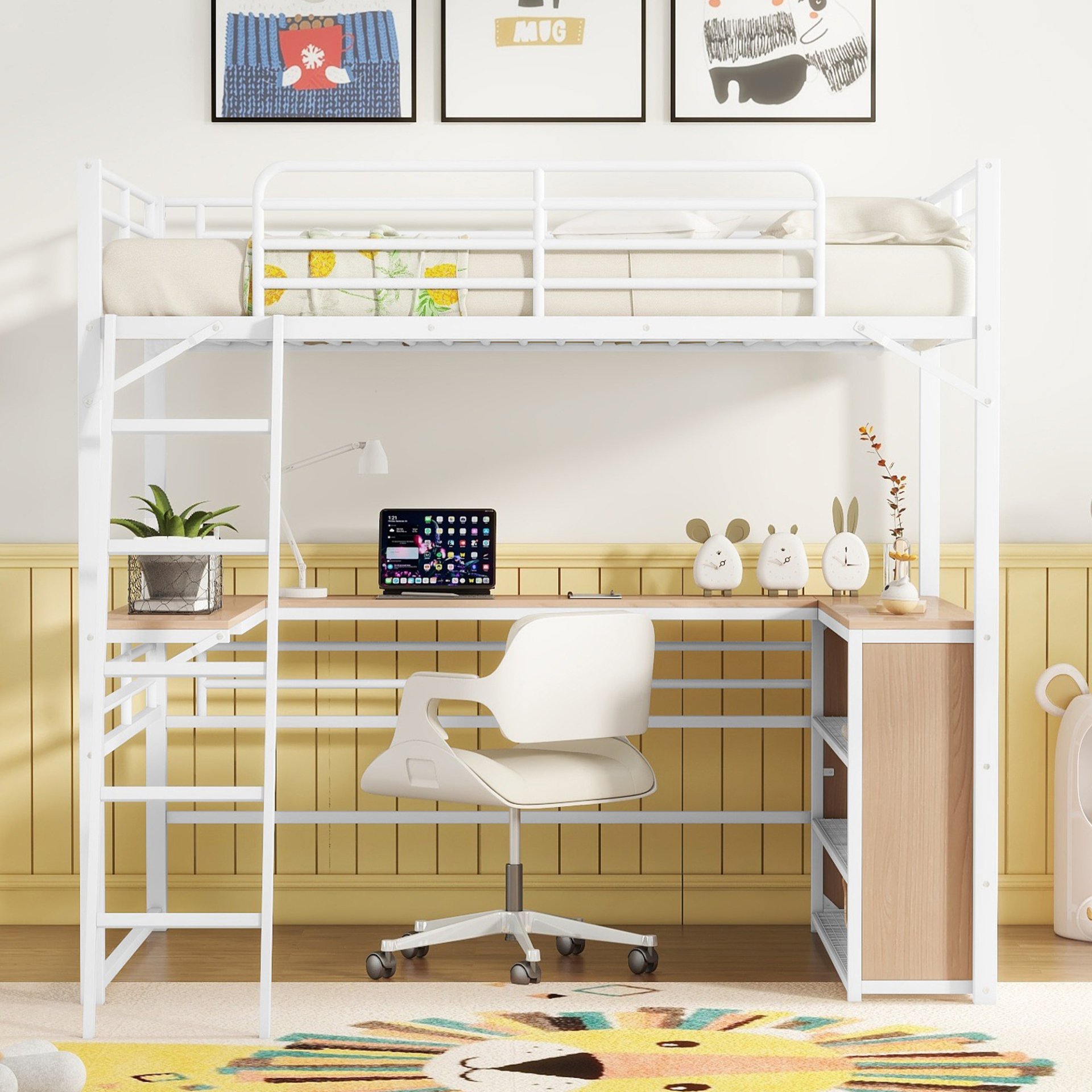 Full Size Loft Bed With 3 Layers Of Shelves And L-Shaped Desk - White - Image 2