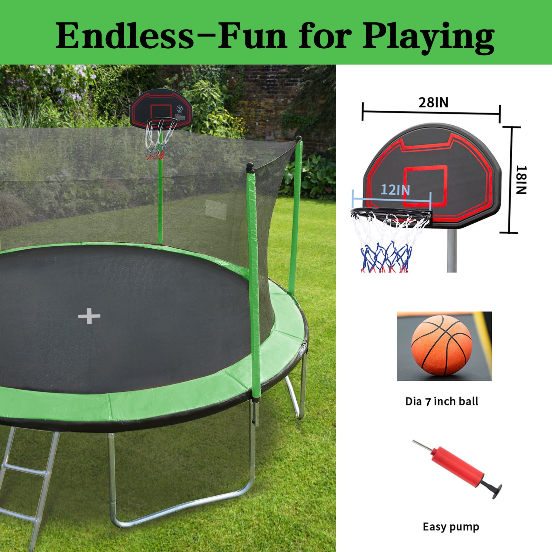 15Ft Trampoline With Basketball Hoop Inflator And Ladder (Inner Safety Enclosure) - Green - Image 4
