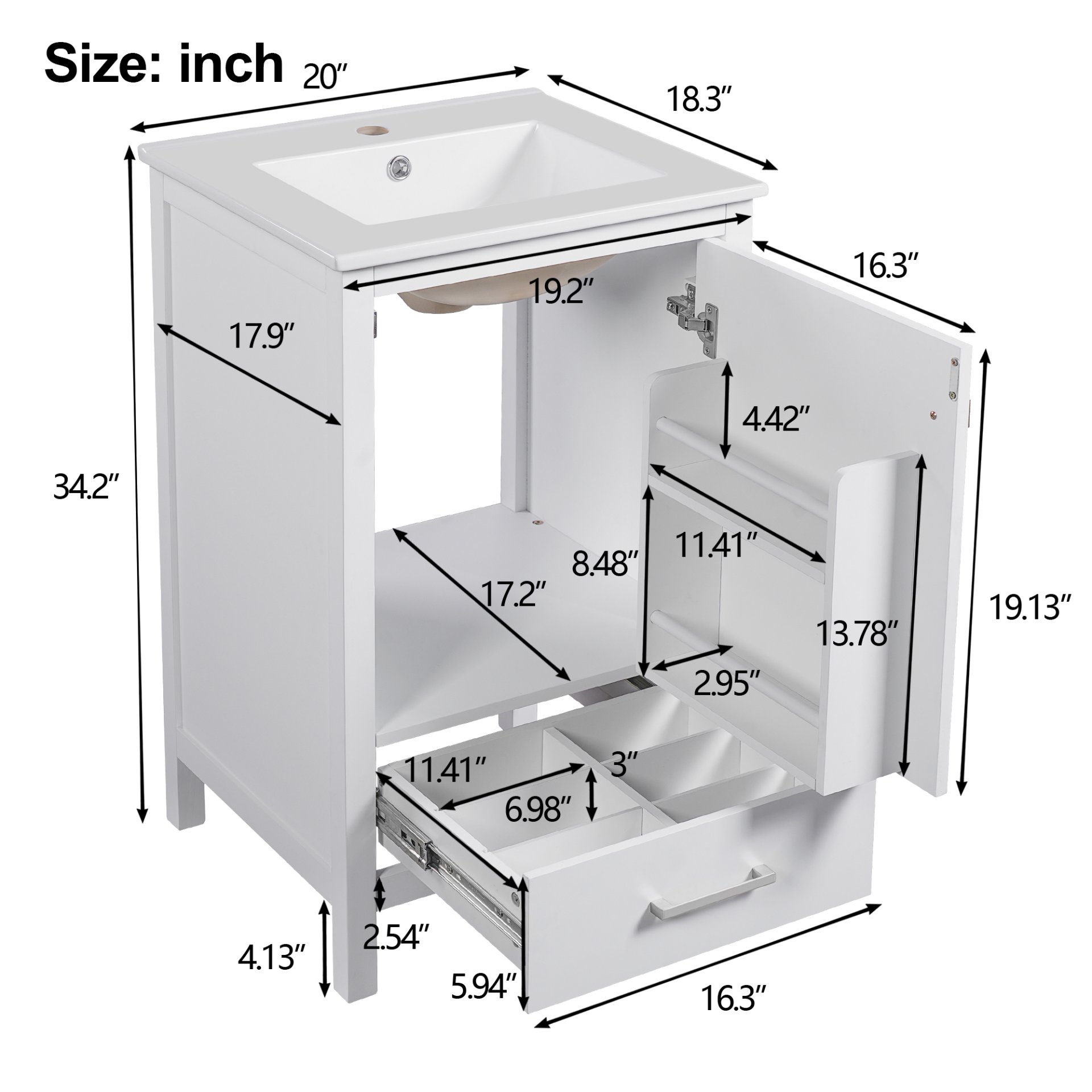 20" Bathroom Vanity With Sink, Soft Close Drawers, Door Organizer, Divider Drawer, Adjustable Foot Pads - White - Image 3