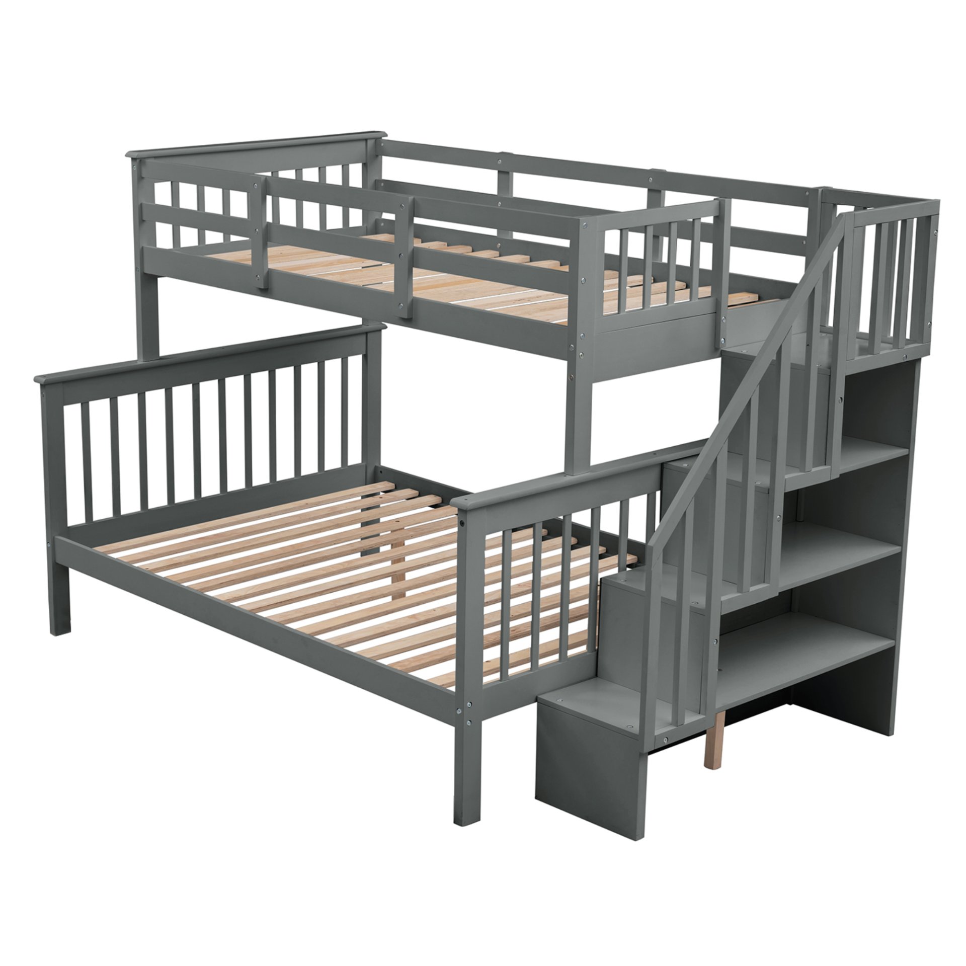 Twin Over Full Bunk Bed Stairway With Storage And Guard Rail For Bedroom - Gray - Image 7