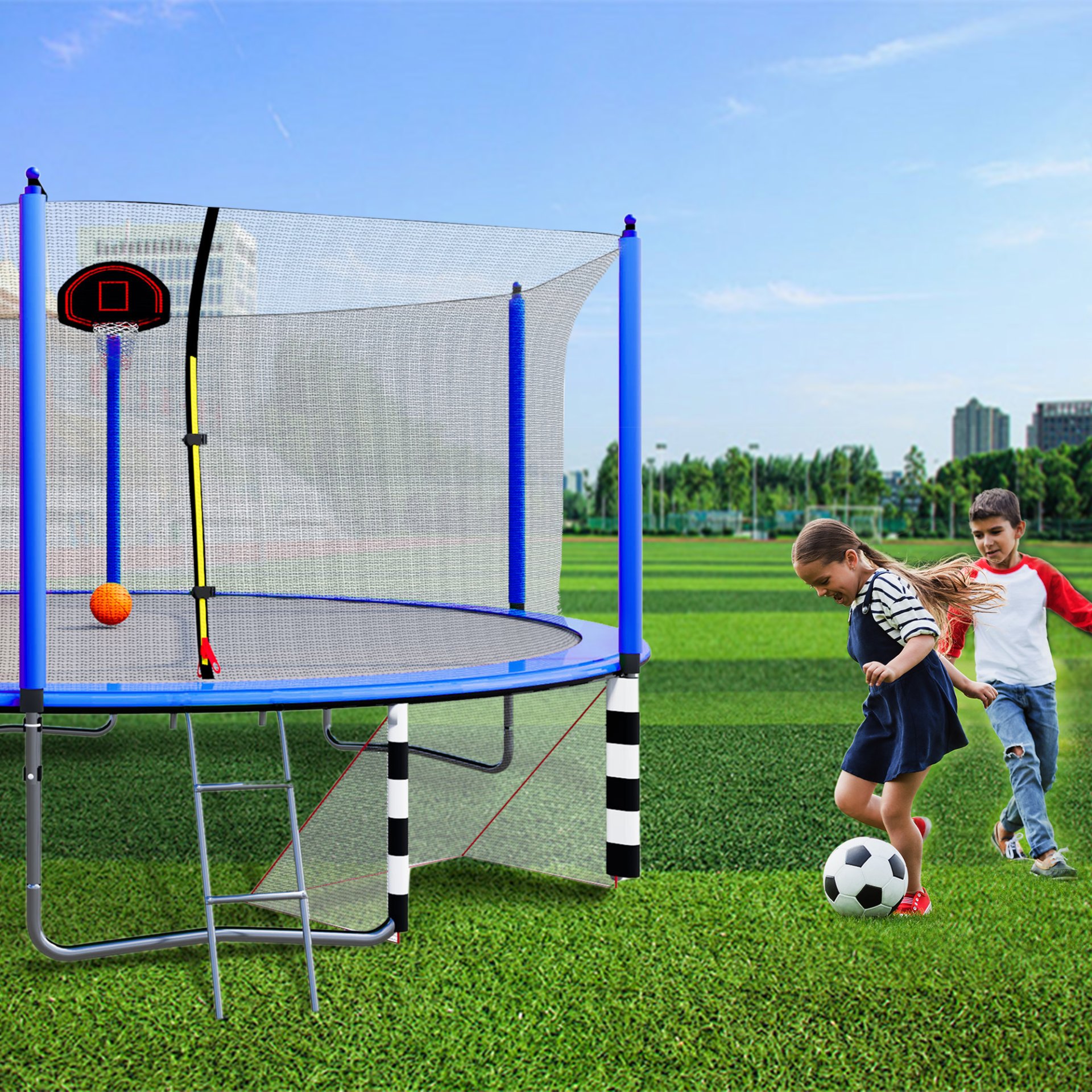 16Ft Trampoline With Basketball Hoop Pump And Ladder (Inner Safety Enclosure) With Soccer Goal - Blue - Image 5