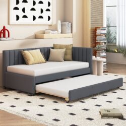 Upholstered Daybed With Trundle Twin Size Sofa Bed Frame No Box Spring Needed, Linen - Gray