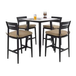 5 Pieces Outdoor Patio Bar Set, Rounded Square Table & 4 Bar Stools - Ember Black / Linen Sesame