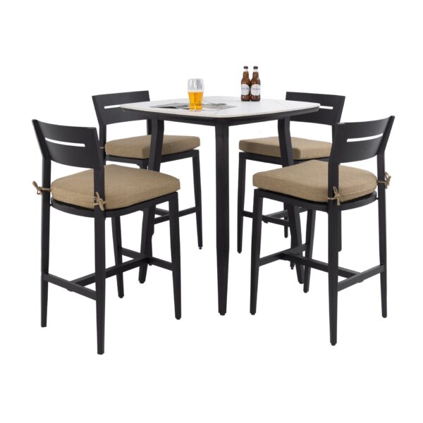 5 Pieces Outdoor Patio Bar Set, Rounded Square Table & 4 Bar Stools - Ember Black / Linen Sesame