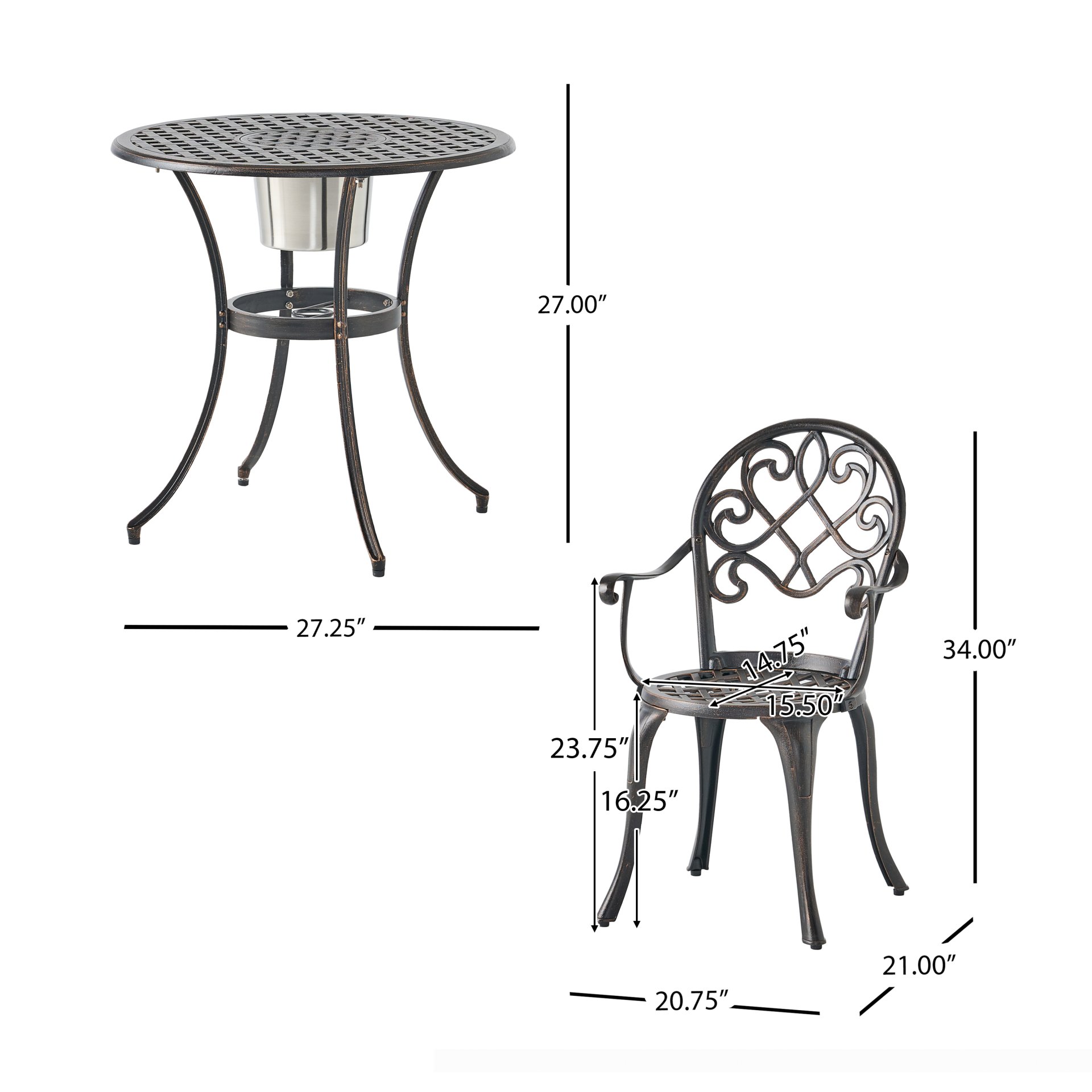 3 Piece Outdoor Aluminium Cast Bistro Set With Ice Bucket - Copper - Image 3