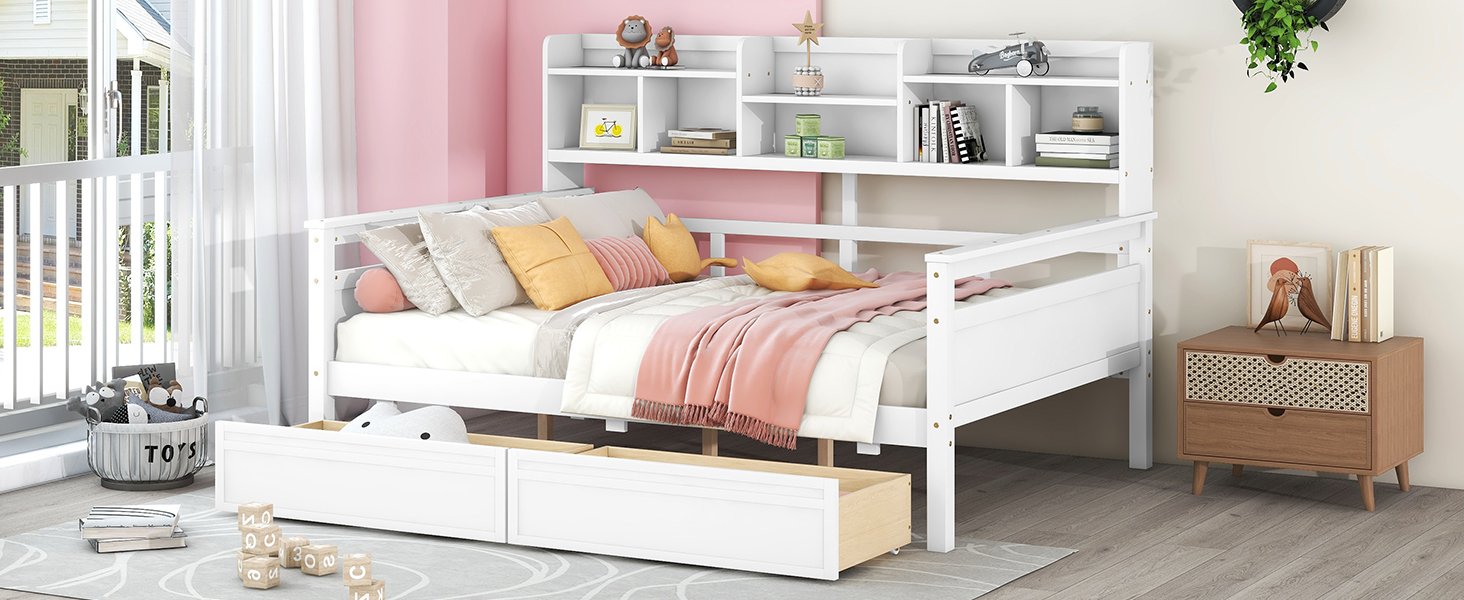 Full Size Daybed, Slat Support, With Bedside Shelf And Two Drawers - White - Image 15