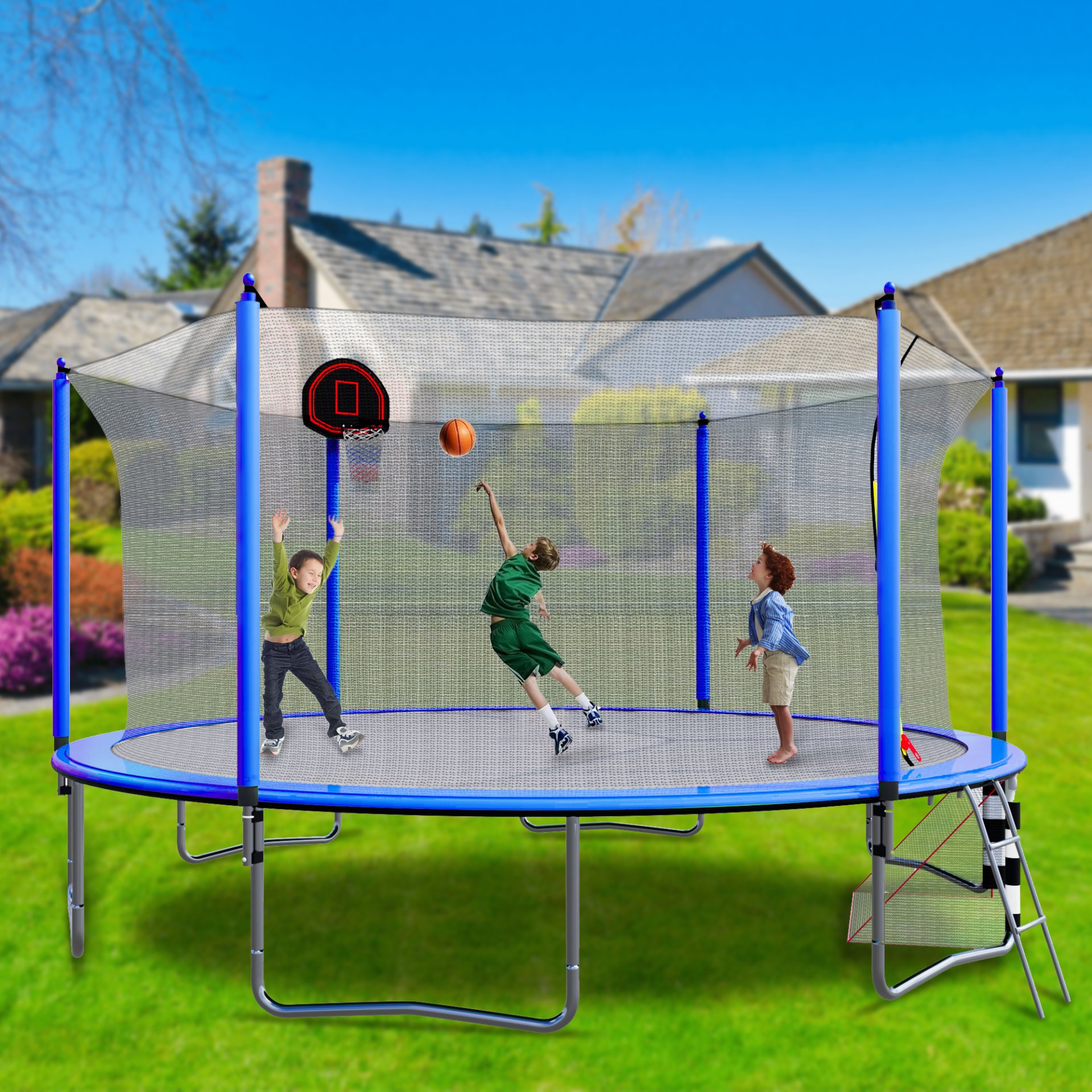 16Ft Trampoline With Basketball Hoop Pump And Ladder (Inner Safety Enclosure) With Soccer Goal - Blue - Image 4