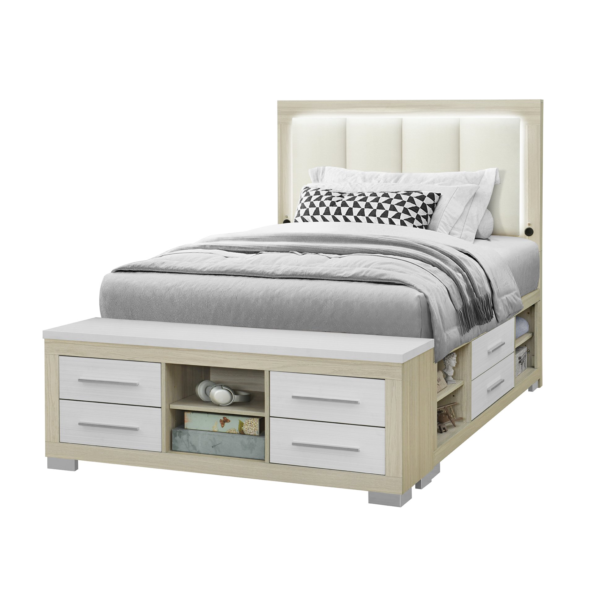 Emilia - Queen Bed With Bookcase Headboard And Storage - Natural / White - Image 4