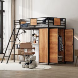 Twin Size Loft Bed With L Shape Desk And Wardrobe - Black