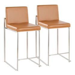 Fuji - Contemporary High Back Barstool (Set of 2) - Camel - Faux Leather