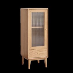 Free-Standing Corner Storage Cabinet With Vintage Glass Door, 2 Shelves, 1 Drawers & Brass Handle For Living Room - Natural