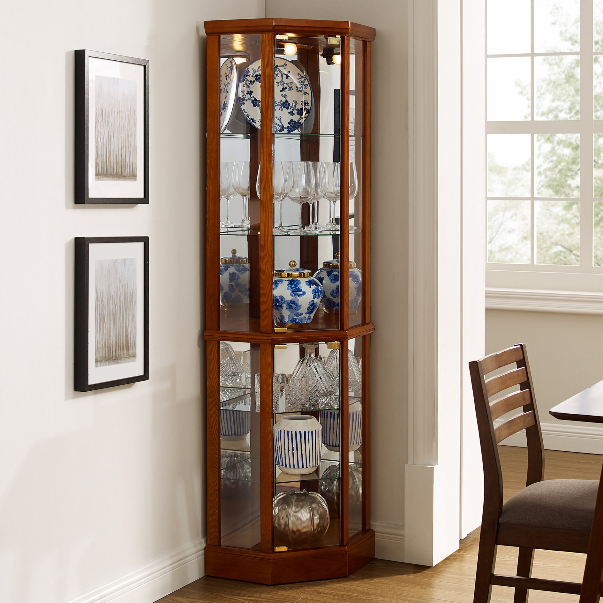 6 Shelf Lighted Corner Curio Cabinet With Adjustable Tempered Glass Shelves And Mirror Back (E26 Light Bulb Not Included) - Oak - Image 6