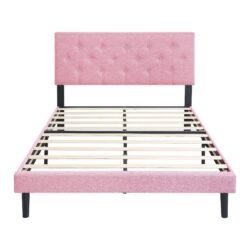 Modern Upholstered Queen Size Platform Bed Frame With Button Tufted Linen Headboard - Pink