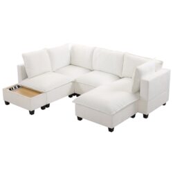 U - Shaped Sectional Sofa Modular Sofa Couch With A Movable Ottoman, A Coffee Table With Hidden Charging Devices For Living Room - White