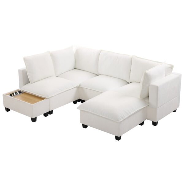 U - Shaped Sectional Sofa Modular Sofa Couch With A Movable Ottoman, A Coffee Table With Hidden Charging Devices For Living Room - White